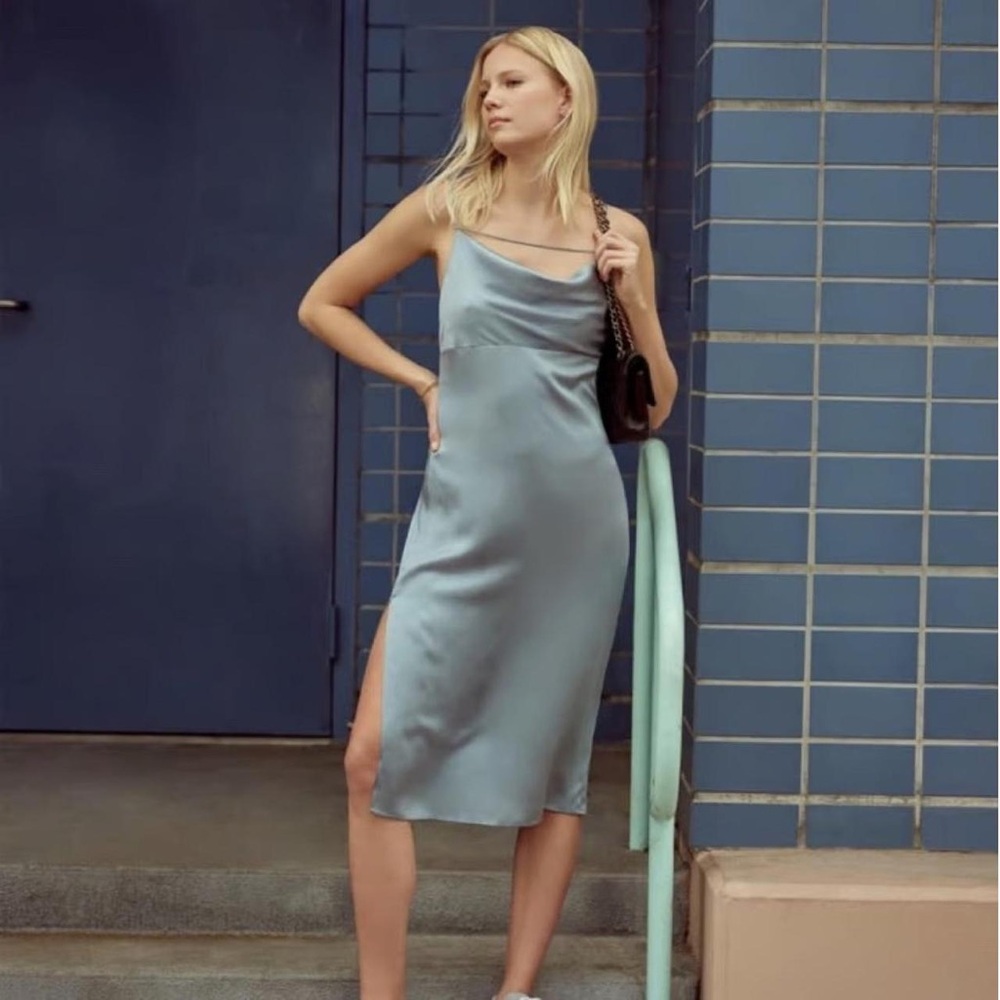 Reformation Satin Slip Midi Dress in Dusty Blue